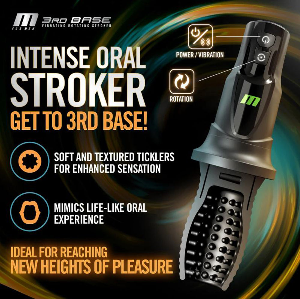 A black rotating male masturbator with textured ticklers and power/vibration controls.