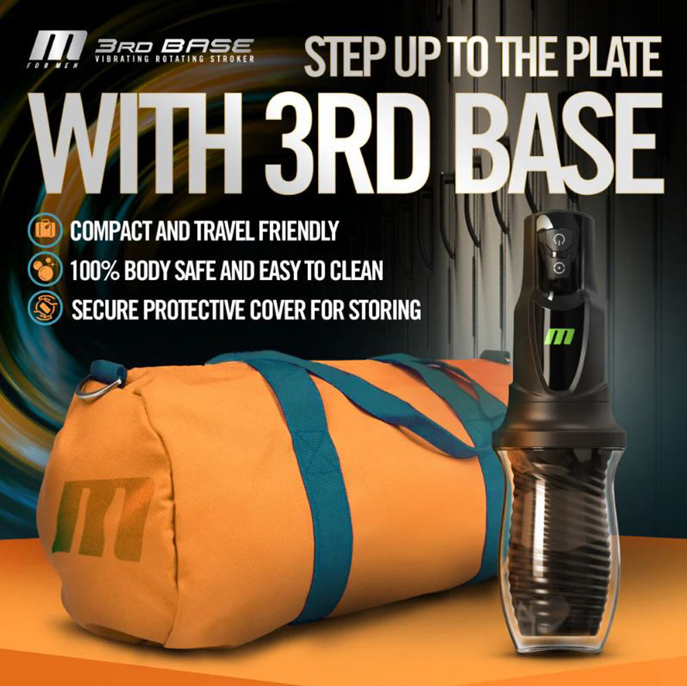 3rd Base rotating masturbator with orange duffel bag and protective cover.