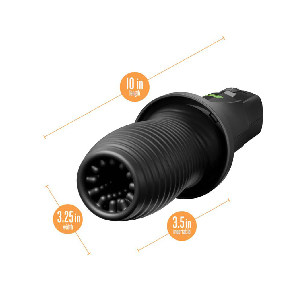Black rotating male masturbator with textured interior and measurement callouts.
