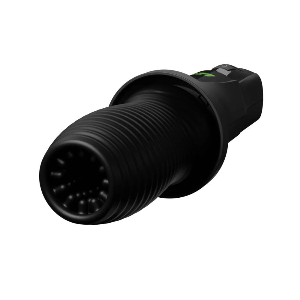 Black rechargeable male masturbator with textured interior and rotating head.
