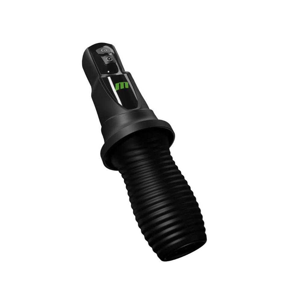 Black rechargeable male masturbator with rotating sleeve and control buttons.