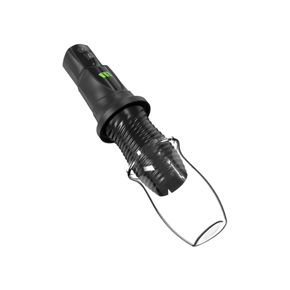 Black rechargeable male masturbator with a clear glass-like tip.