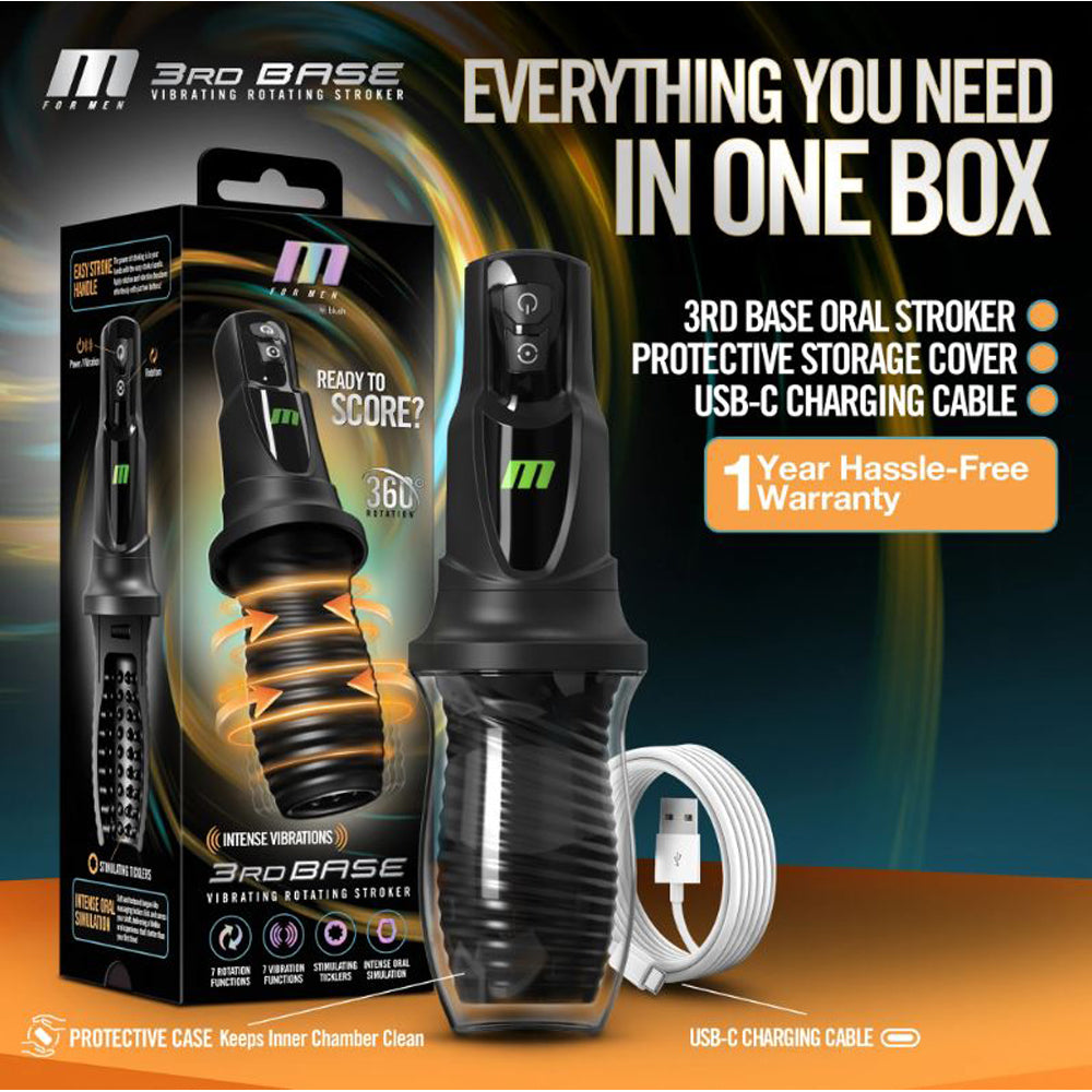 3rd Base rotating male masturbator with USB-C charging cable and protective case.