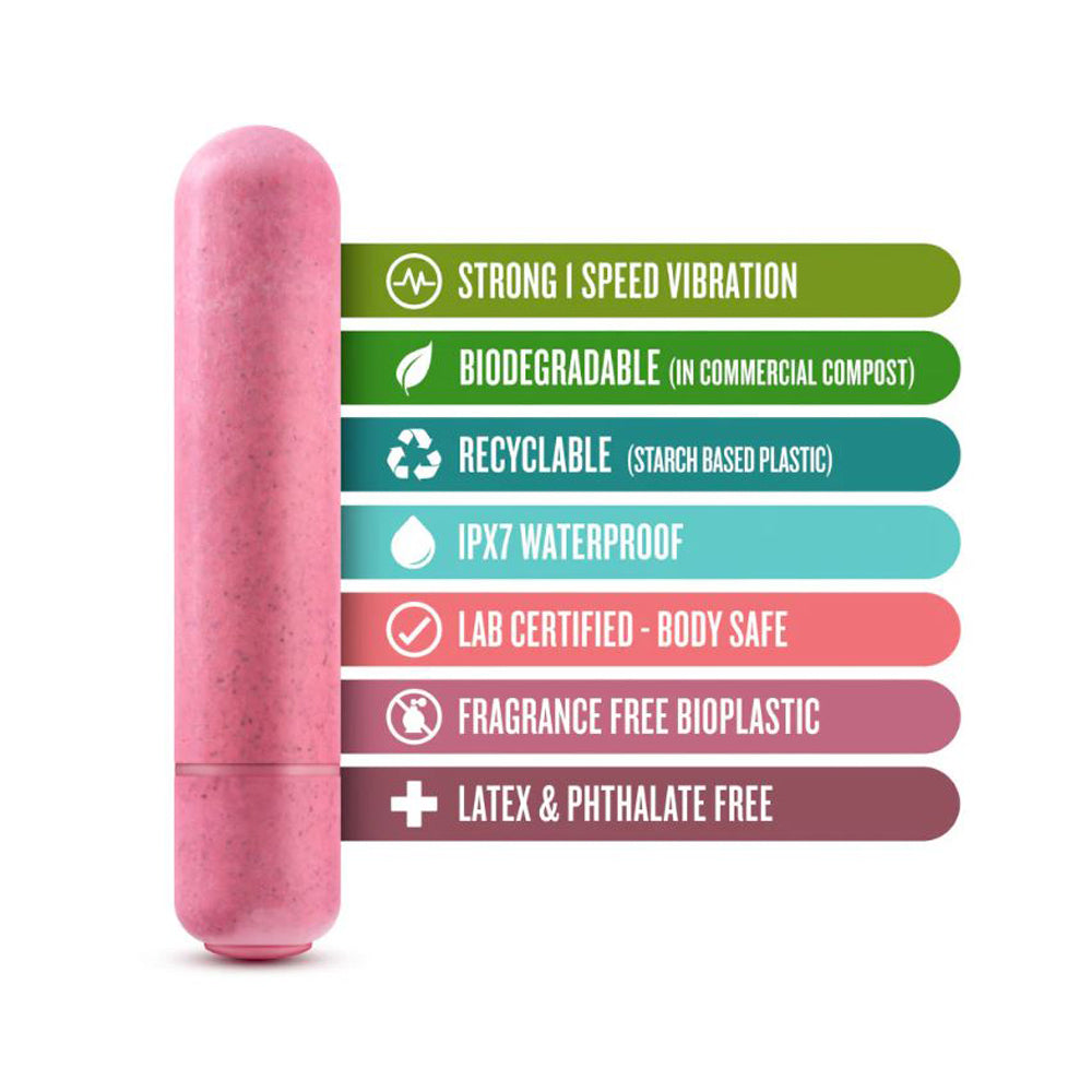Pink Gaia Eco Bullet vibrator with eco-friendly and waterproof feature labels.