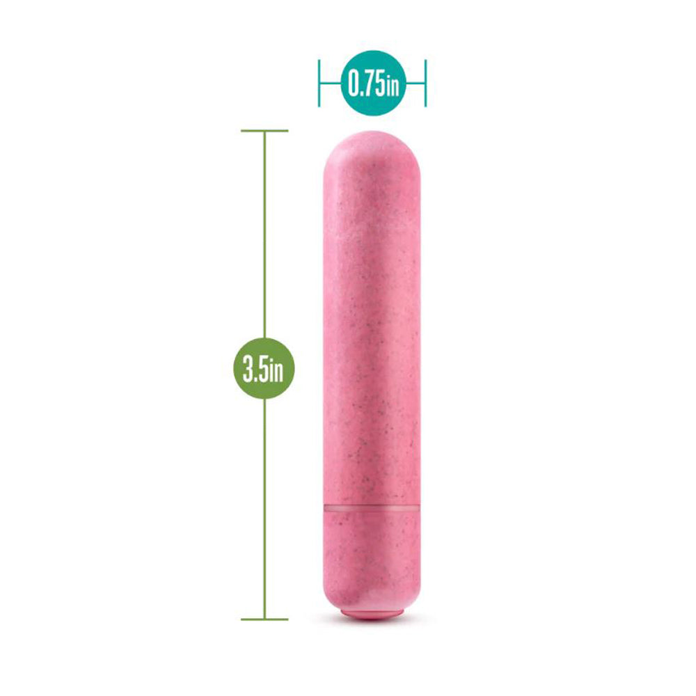 A pink, biodegradable vibrator measuring 3.5 inches long and 0.75 inches wide.