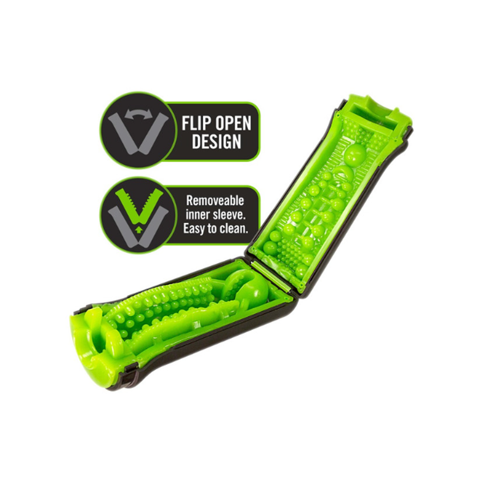 A green, flip-open stroker with a textured inner sleeve.