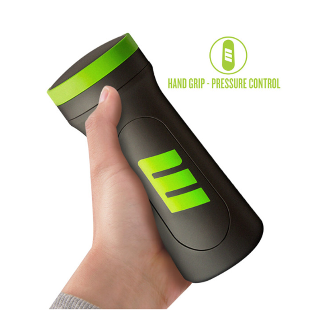 A black and green stroker held in a hand with a pressure control indicator.
