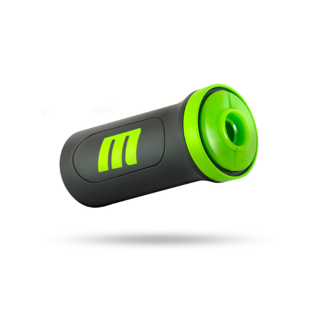 A dark gray stroker with a bright green opening and a green logo.