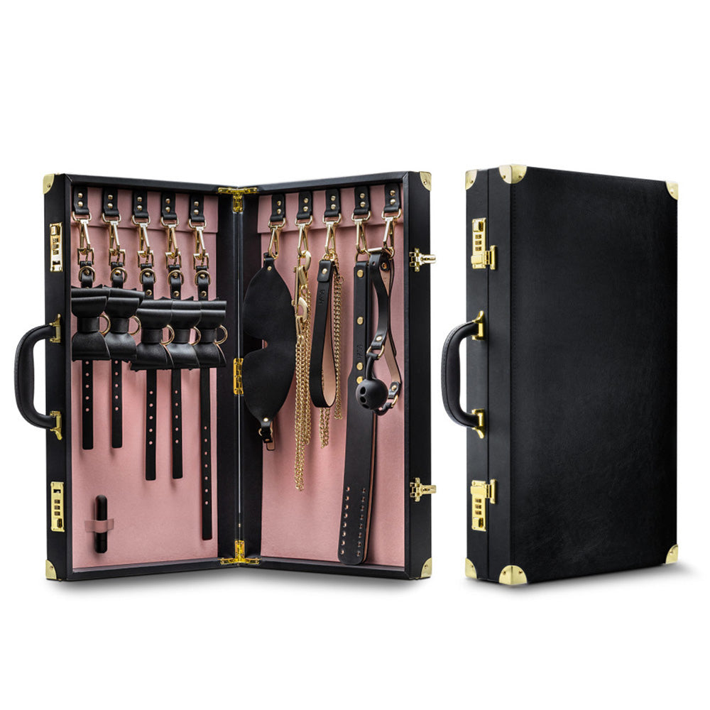Vegan leather BDSM kit in a black locking case with gold accents.