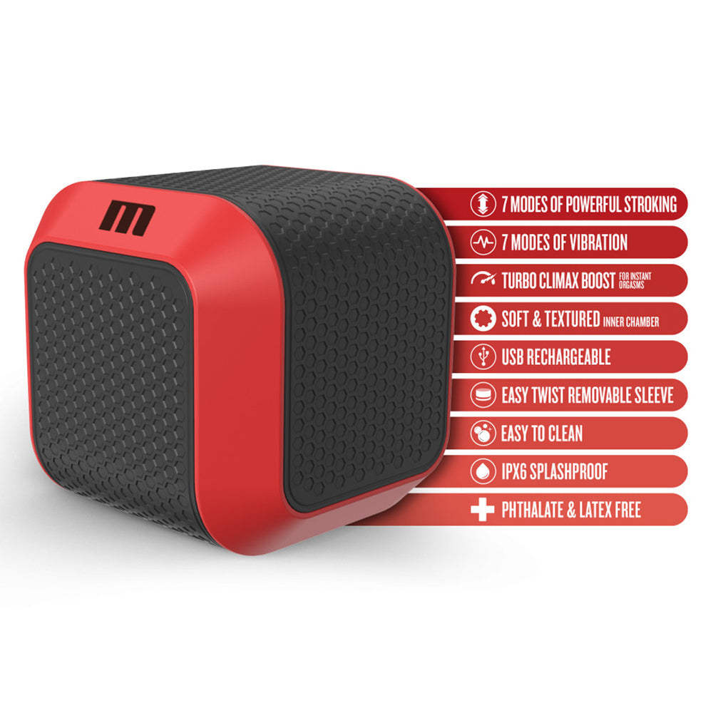 A red and black automatic rotating male stroker with textured surfaces and feature callouts.