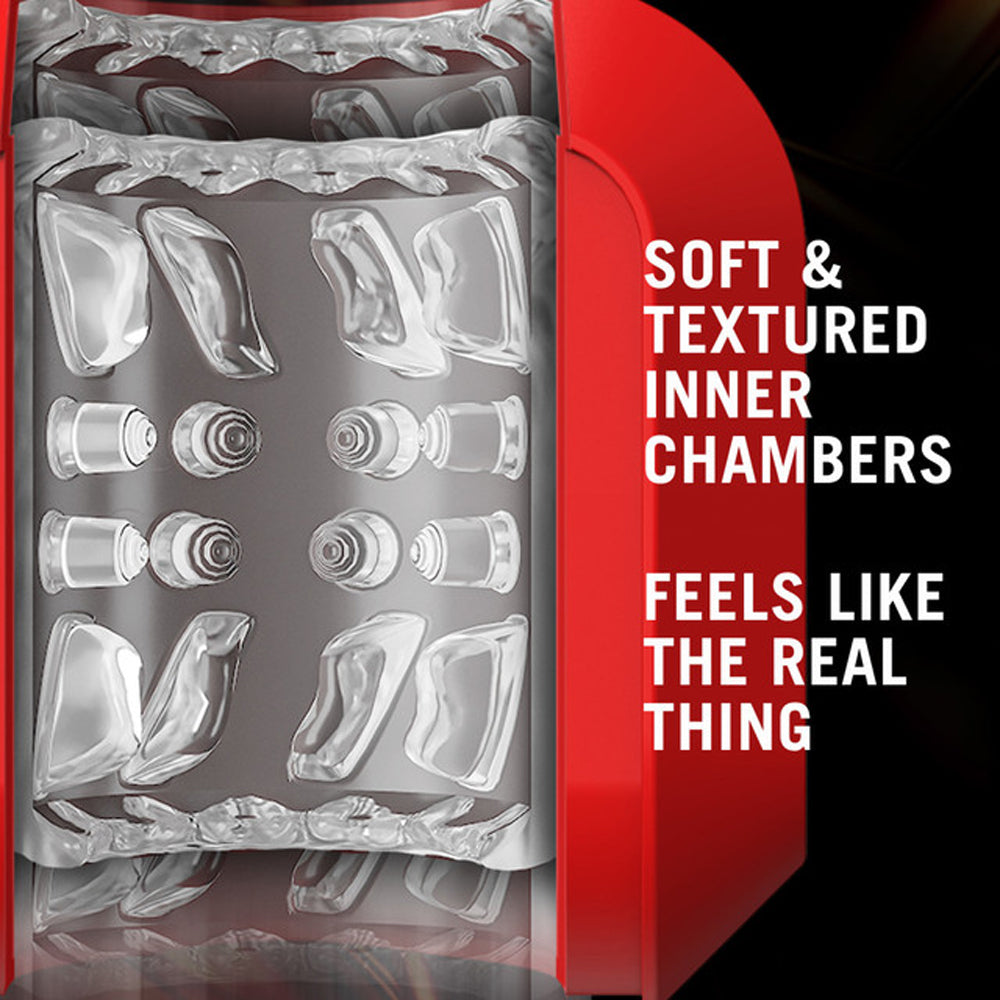 A cutaway view of a red and gray male stroker with textured inner chambers.