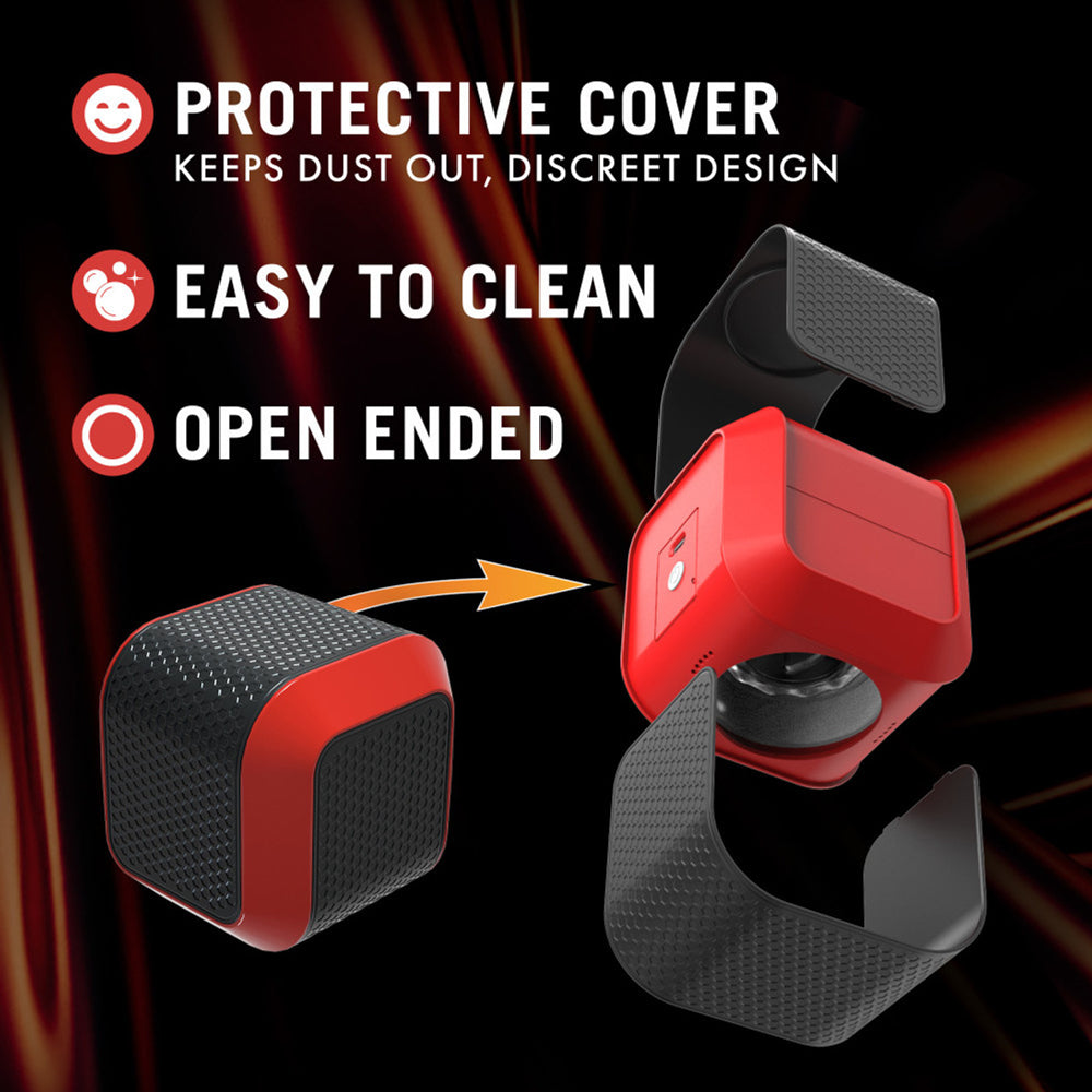 Red and black automatic rotating male stroker with protective cover.