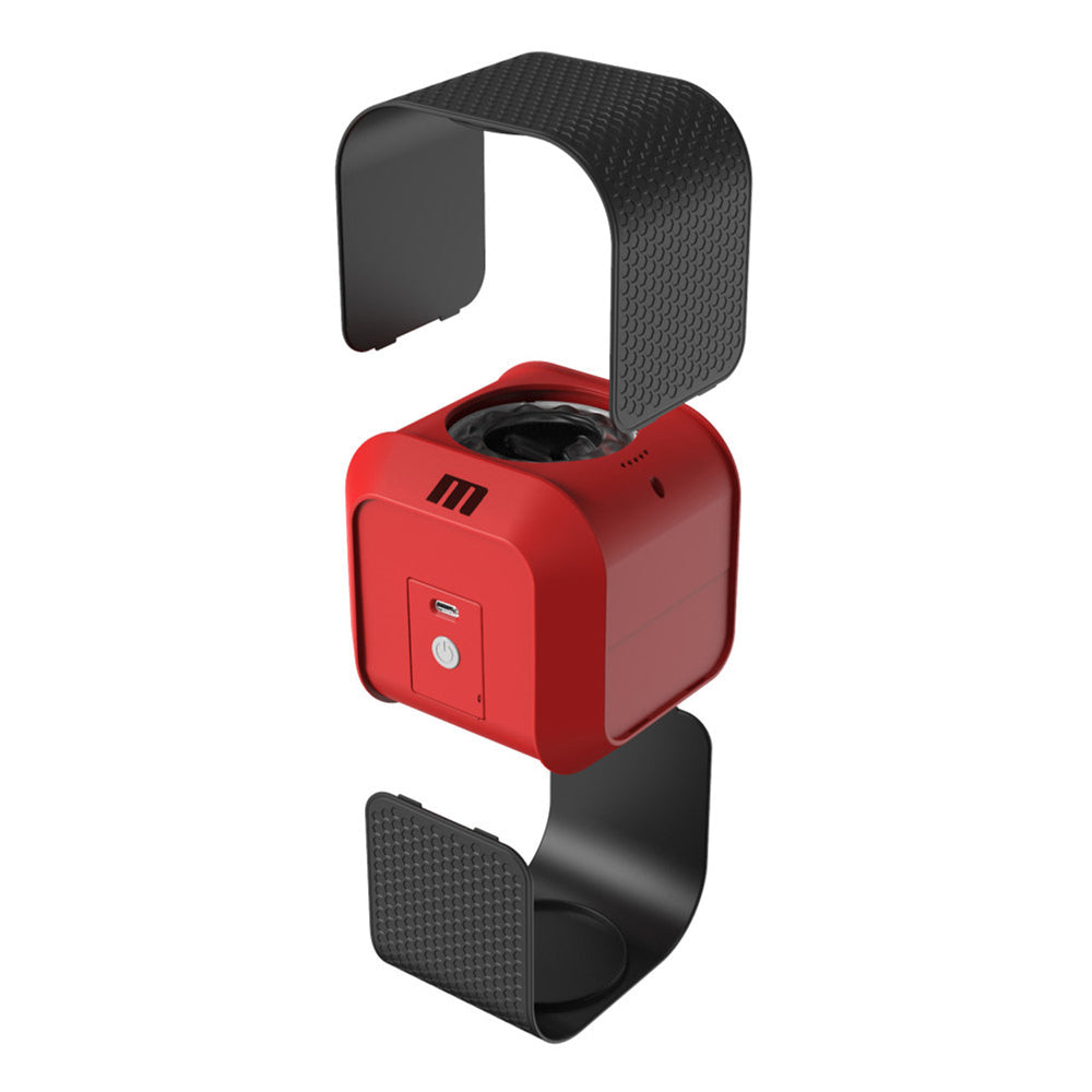 Red automatic rotating male stroker with black textured grips.