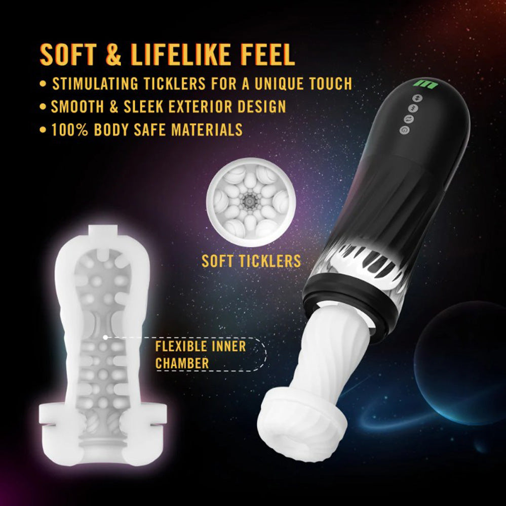 A black and clear automatic stroker with a white textured insert and a glowing button panel.