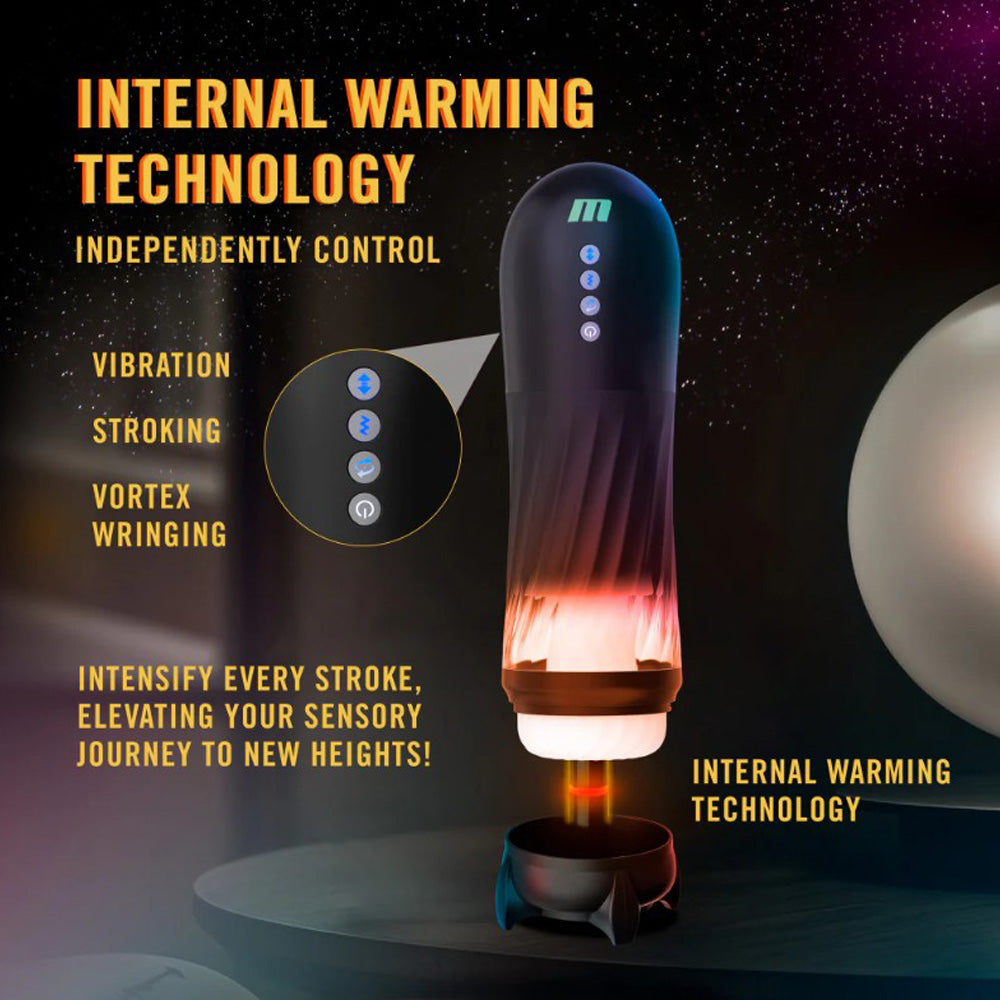 A black and purple automatic stroker with internal warming technology and a textured chamber.