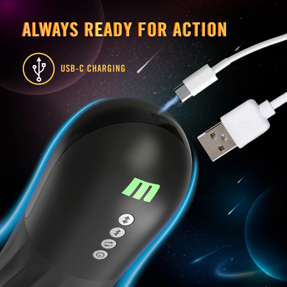 Black M For Men stroker with USB-C charging and illuminated buttons.