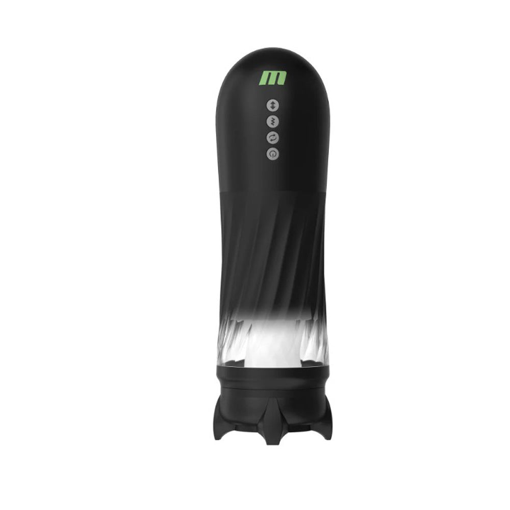 Black automatic stroker with textured interior and warming technology.