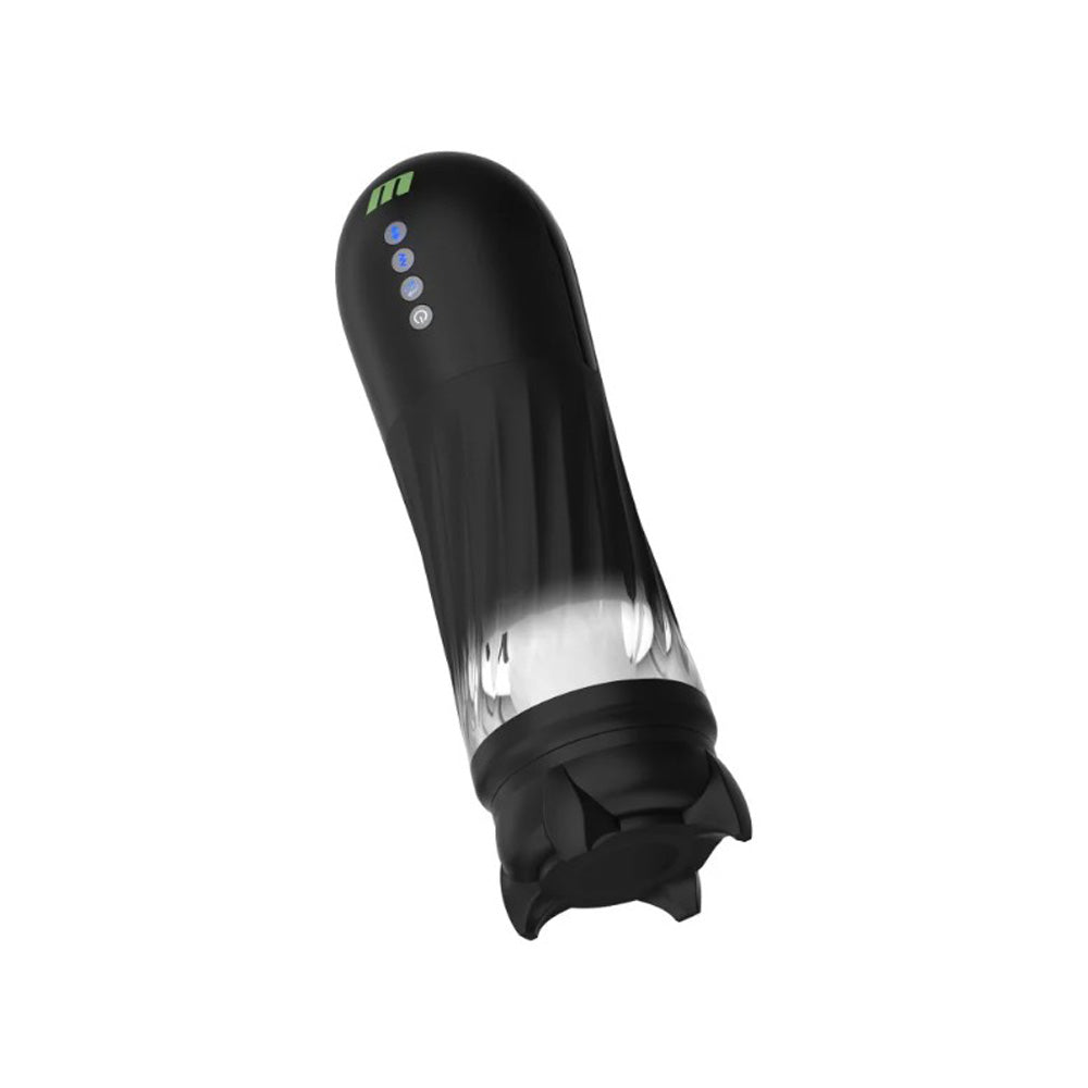 Black automatic stroker with clear textured chamber and blue indicator lights.