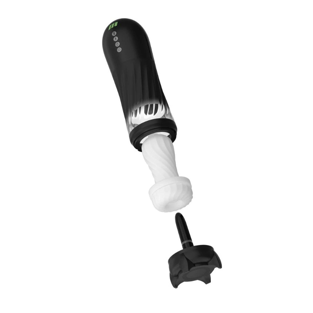 Black and white automatic stroker with textured white insert and black base.