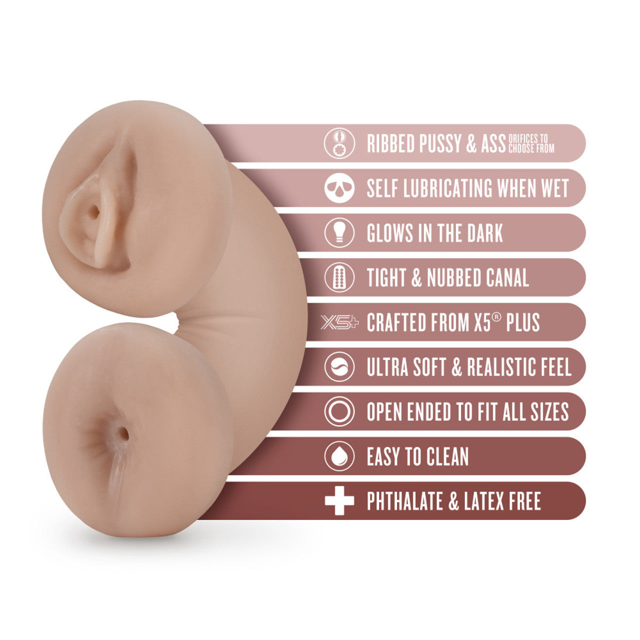Dual orifice stroker with ribbed textures, self-lubricating, and glow-in-the-dark features.