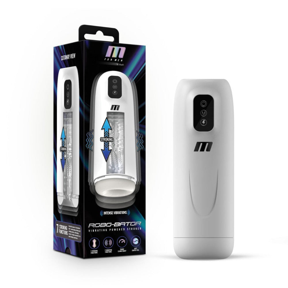 M for Men Robo-Bator Turbo Stroker, a rechargeable vibrating male masturbator.