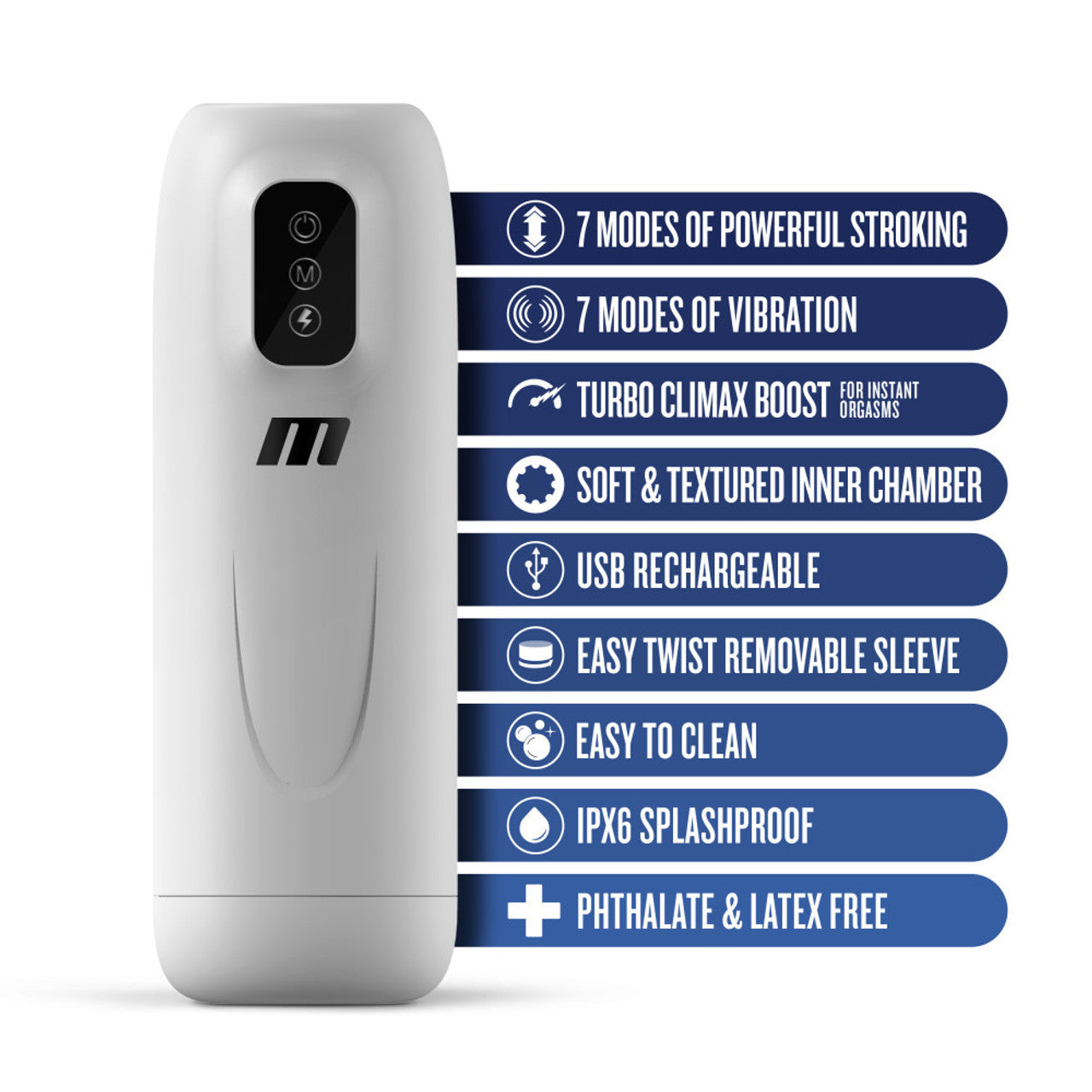 White Robo-Bator Turbo Stroker male masturbator with 7 stroking and 7 vibration modes.