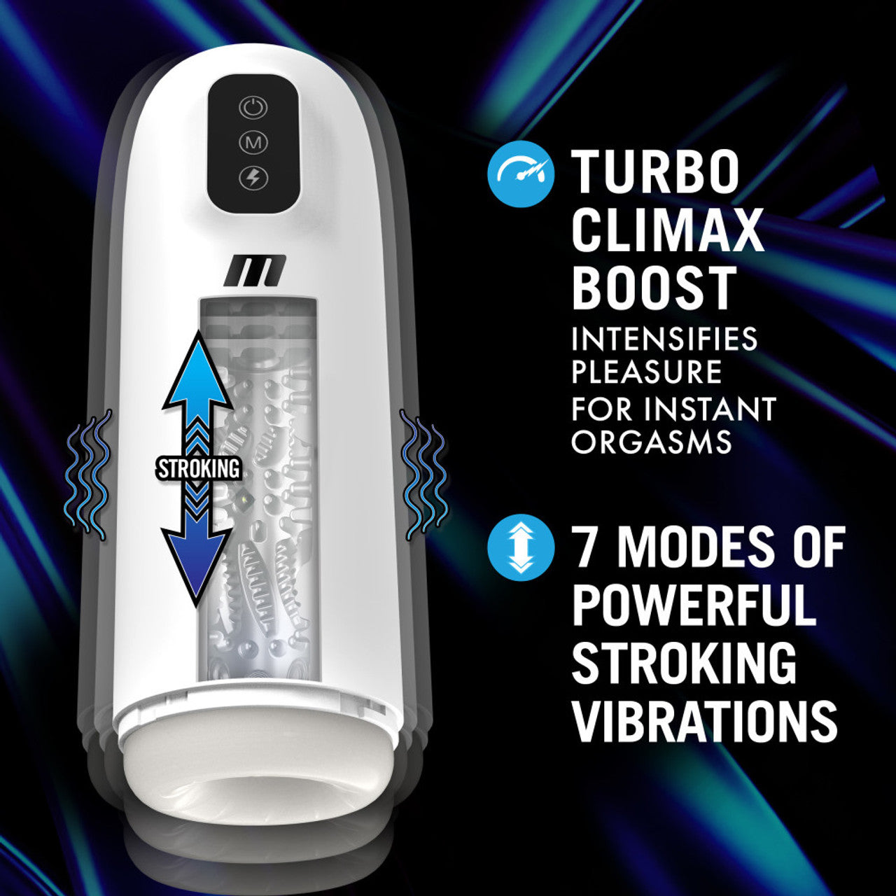Rechargeable male masturbator with stroking and vibration modes.