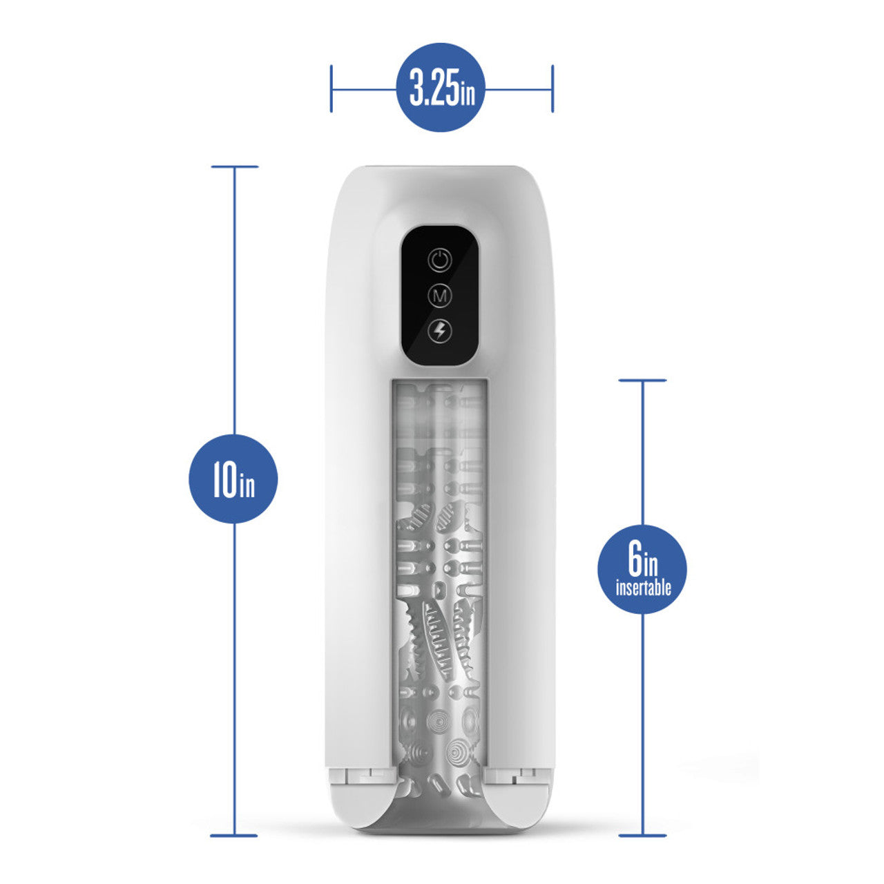 Rechargeable vibrating male masturbator with dimensions indicated.
