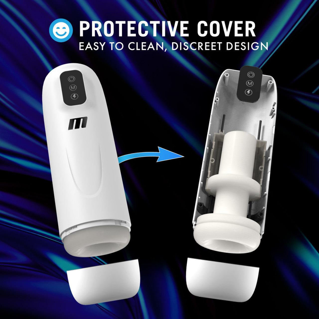 Rechargeable vibrating male masturbator with protective cover shown open and closed.