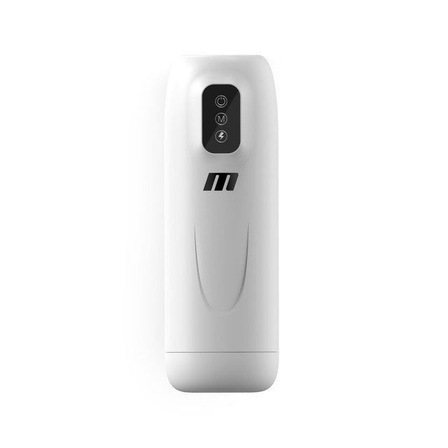 A white rechargeable male masturbator with a black control panel and a black logo.