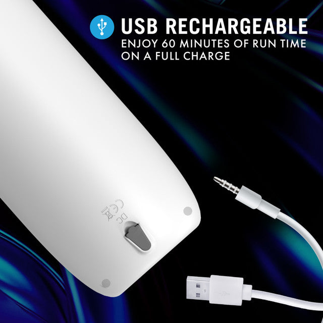 Rechargeable male masturbator with USB charging cable and 60 minutes of run time.
