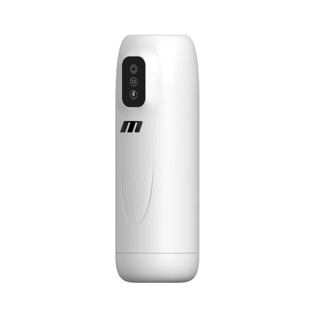 White rechargeable male masturbator with power and mode buttons.