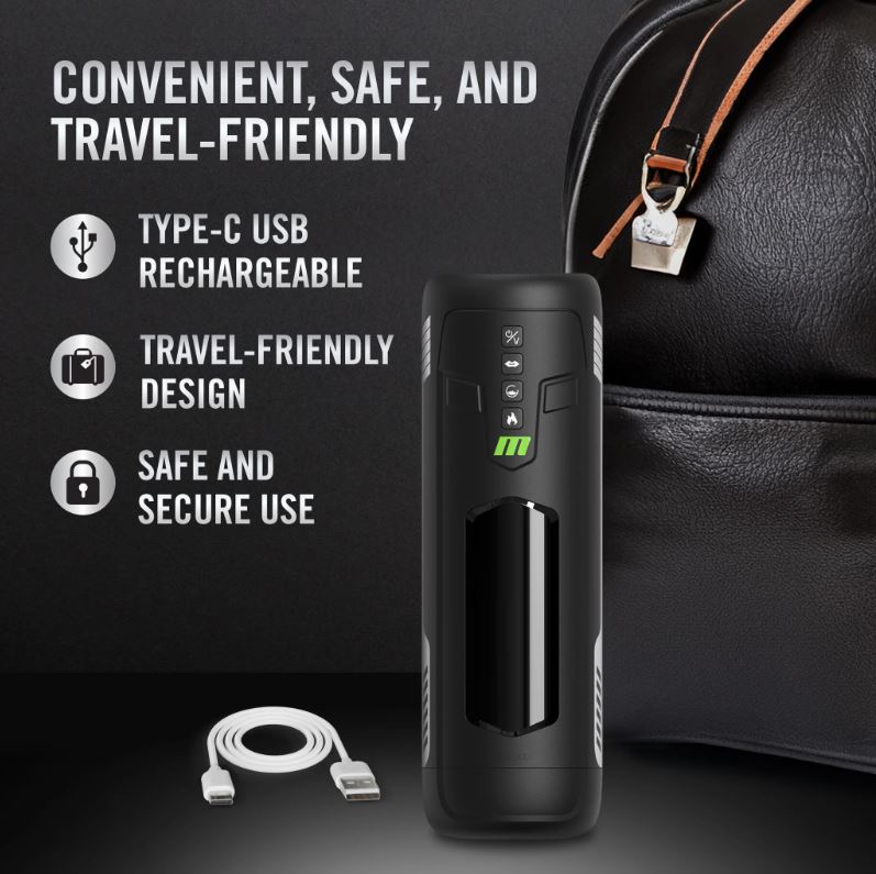 Black automatic stroker with USB-C charging cable and travel-friendly design.