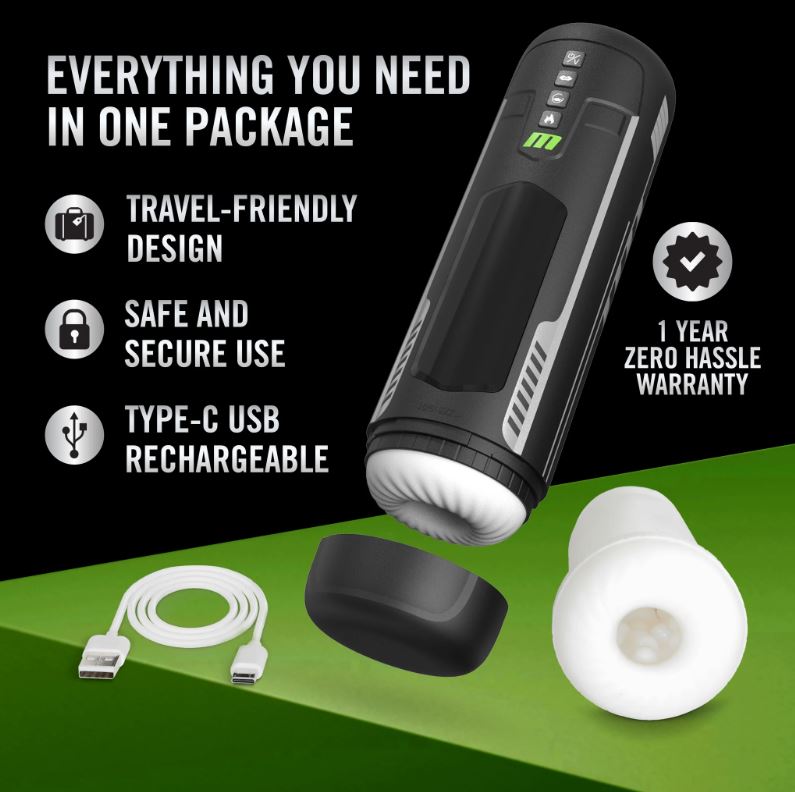 Automatic stroker with USB-C cable, charging port, and removable sleeve.