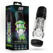 Whirlwind Pro automatic rotating male masturbator with clear cylinder and black cap.