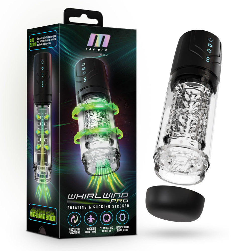 Whirlwind Pro automatic rotating male masturbator with clear cylinder and black cap.