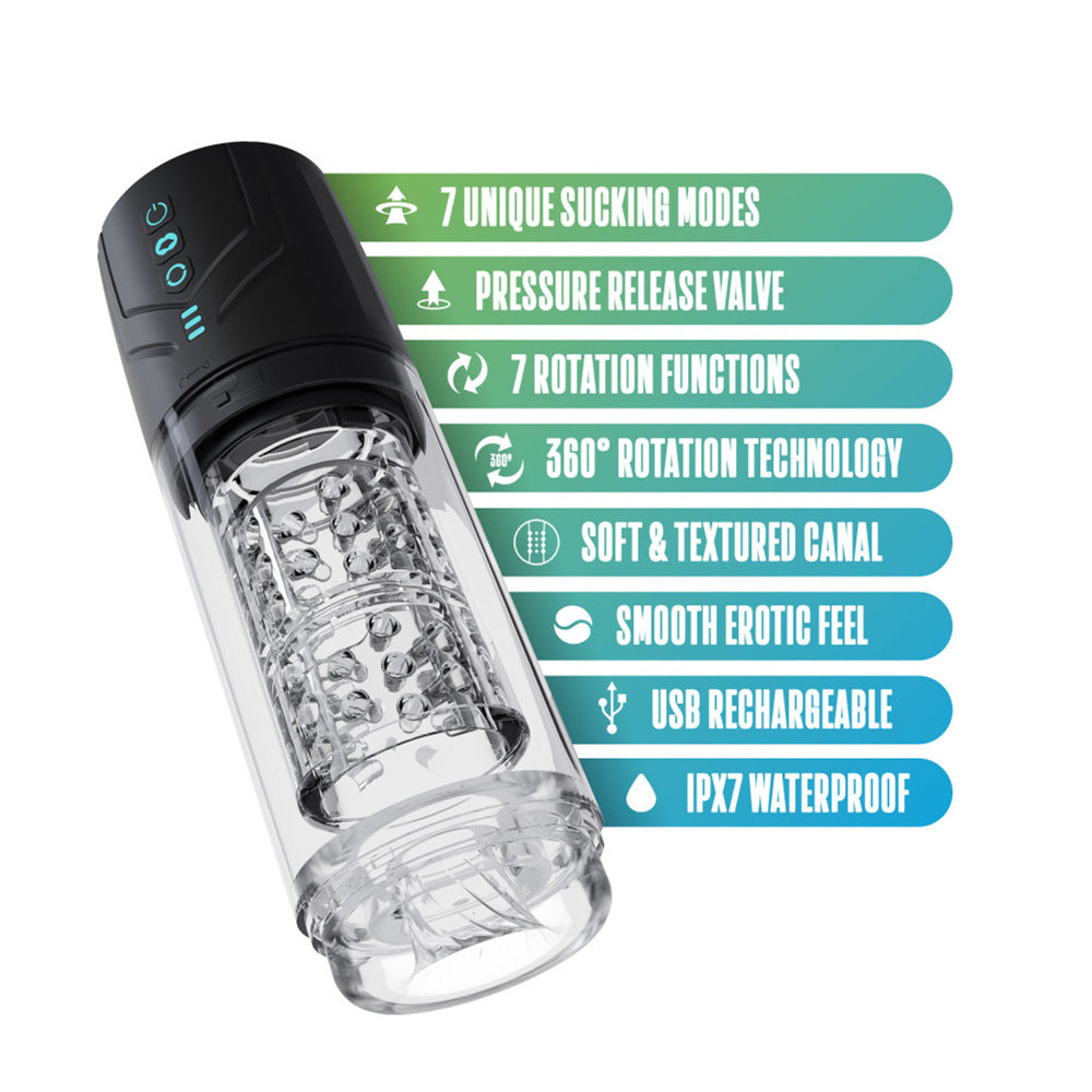 Automatic rotating male masturbator with textured canal and USB charging.