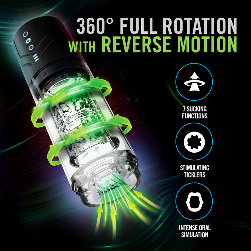 A black and clear automatic rotating male masturbator with green arrows indicating motion.