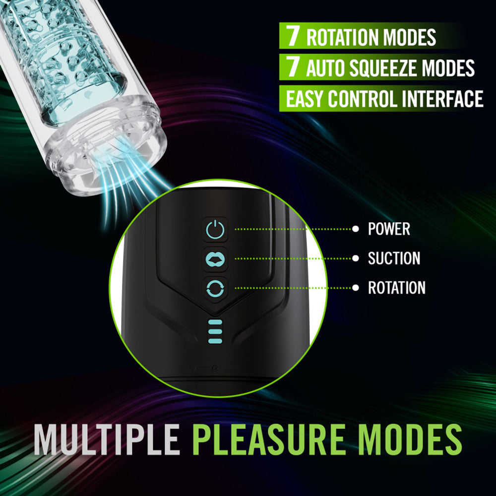 A black male masturbator with illuminated buttons for power, suction, and rotation.