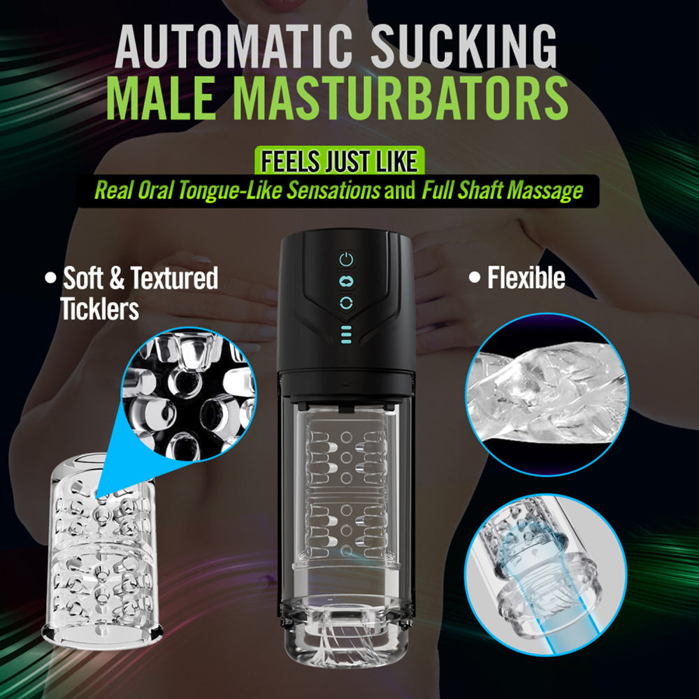 Automatic male masturbator with textured ticklers and flexible inner sleeve.