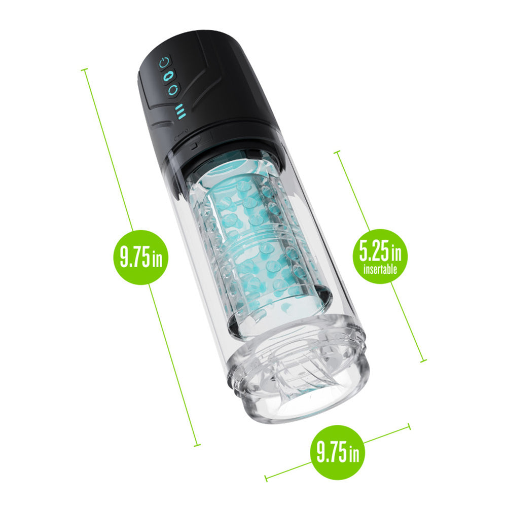 A black and clear automatic male masturbator with textured blue interior and measurement labels.