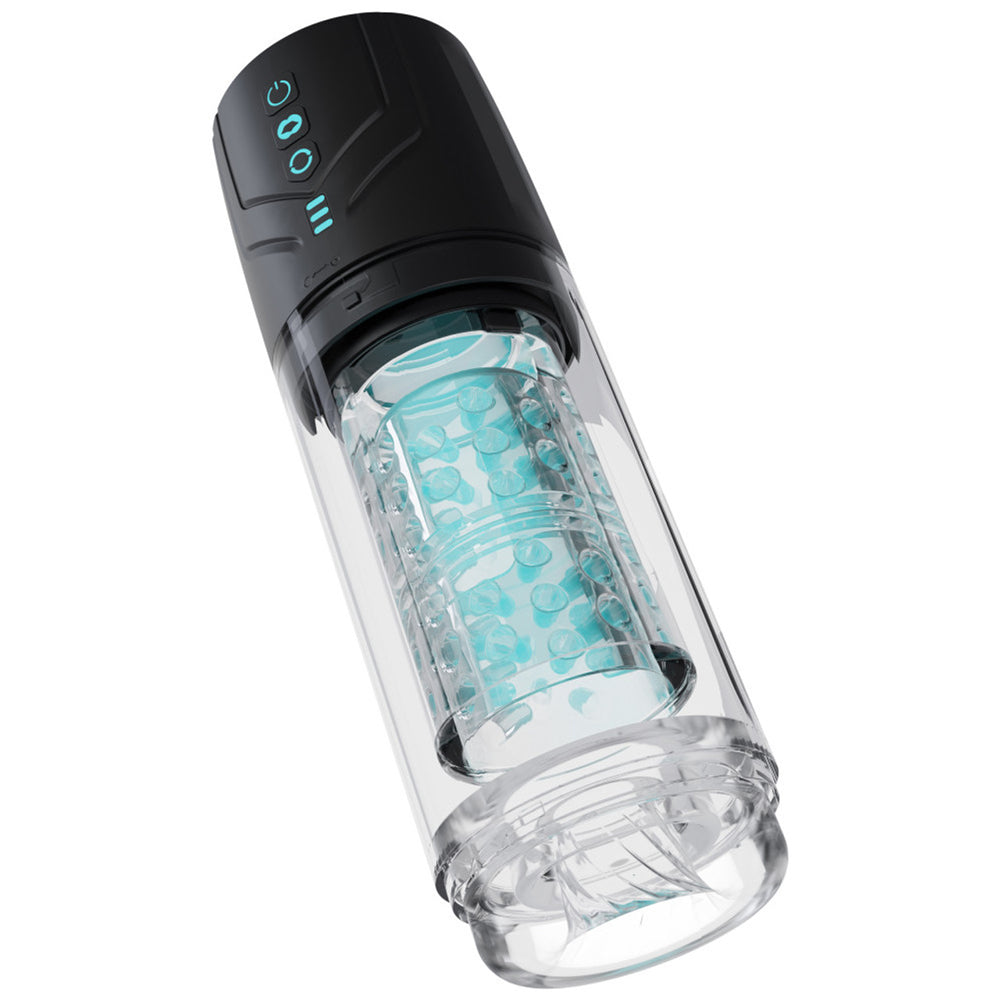 Automatic rotating male masturbator with textured inner sleeve and control buttons.