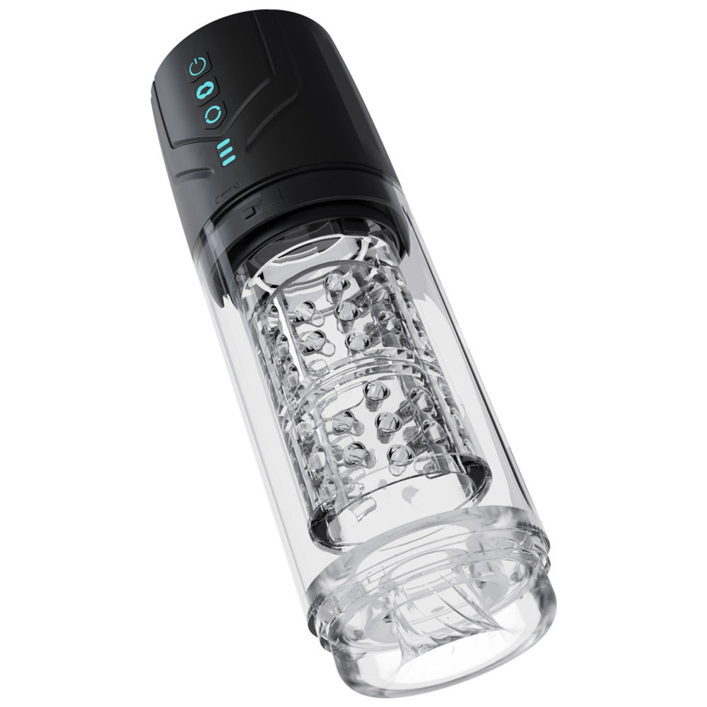 Automatic rotating male masturbator with textured inner chamber and control buttons.