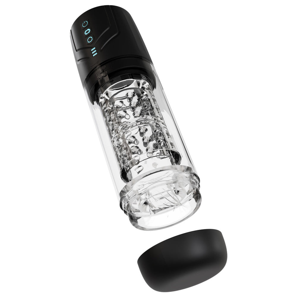 Black and clear automatic rotating male masturbator with textured interior.