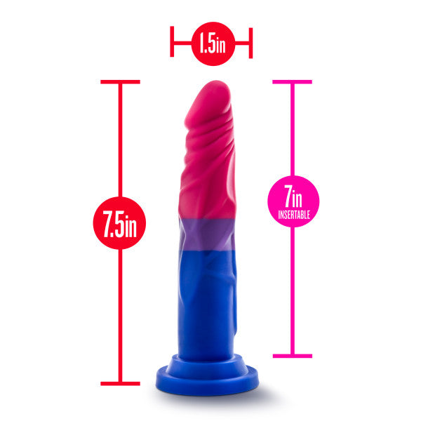 Pink and blue silicone dildo with suction cup base, 7.5 inches long, shown with size measurements.