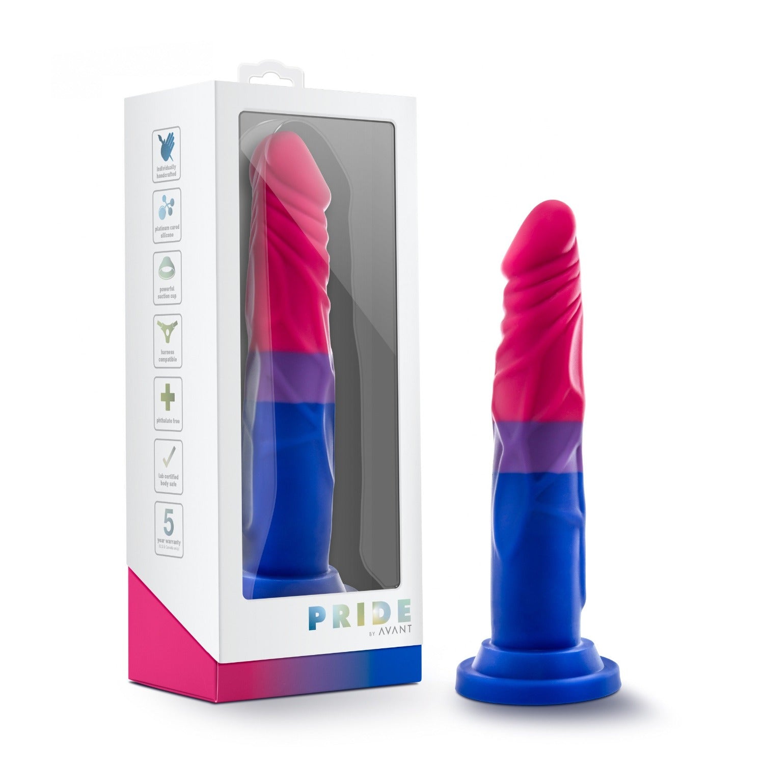 A pink, purple, and blue silicone dildo with a suction cup base.