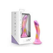 A pink, orange, and purple marbled silicone dildo with a suction cup base.