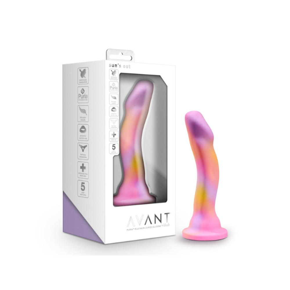 A pink, orange, and purple marbled silicone dildo with a suction cup base.