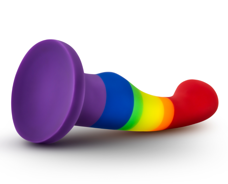 Rainbow silicone dildo with a suction cup base.