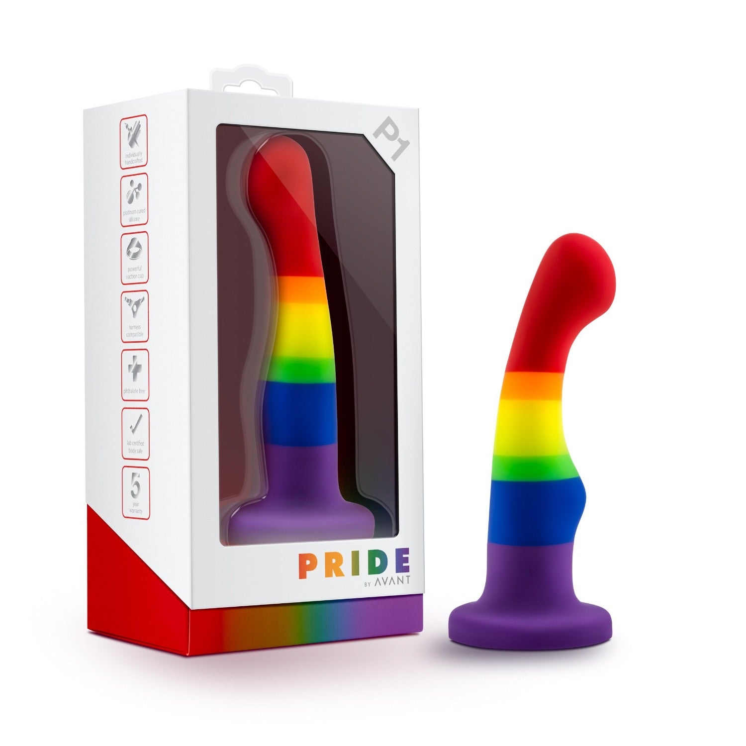 Rainbow silicone dildo with suction cup base and realistic detail.